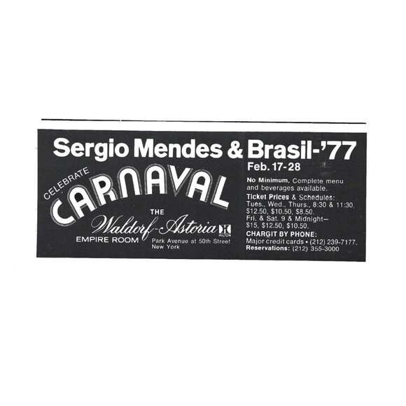 Sergio Mendes Brasil 77 Celebrate Carnaval Print Ad 1970s Waldorf Astoria NYC - Picture 1 of 2